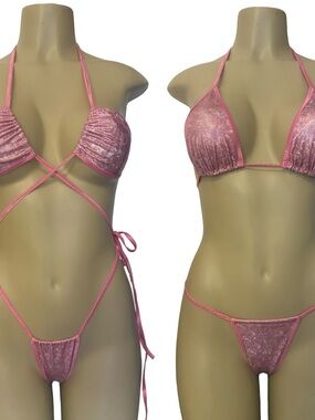 Shimmery Pink Triangle Bikini Set with Adjustable Ties